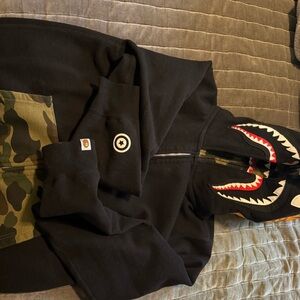 Bape Black Shark Hoodie with Camo Pocket and Red Accents